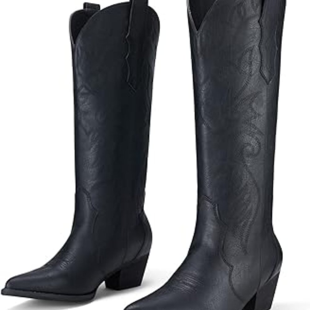 Black Cowboy Boots for Women Embroidered Cowgirl Boots Knee-High Western Boots - Picture 2 of 6
